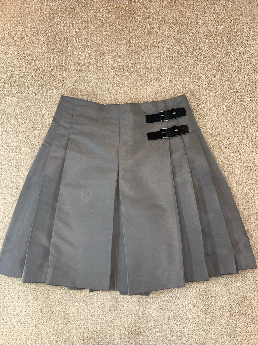 RED Valentino Gray Box-Pleated Mini Skirt with Buckle Straps